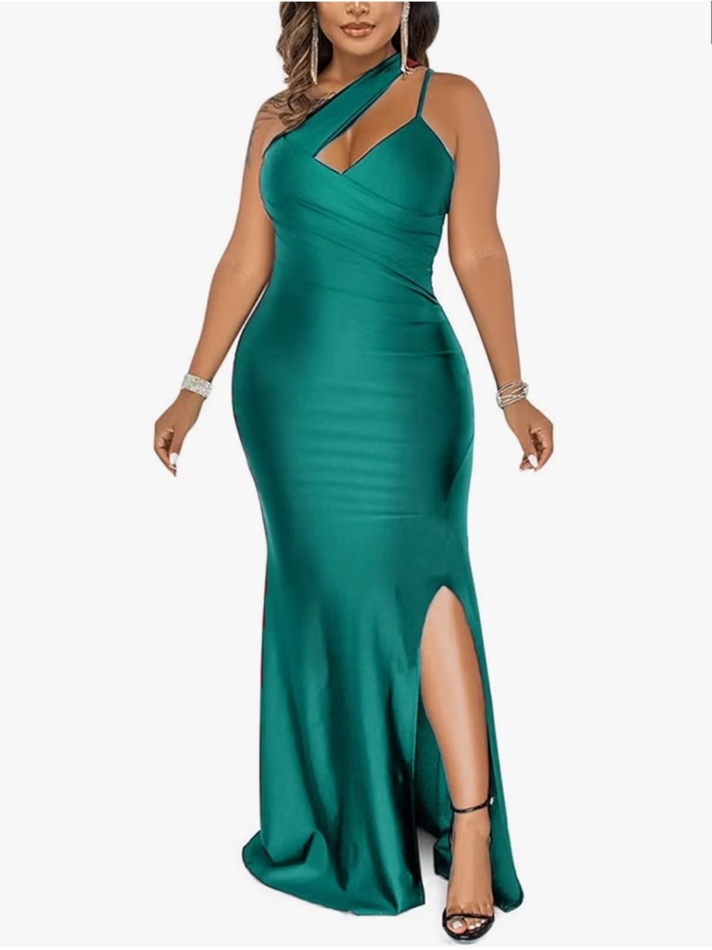 Emerald One-Shoulder Slit Evening Dress
